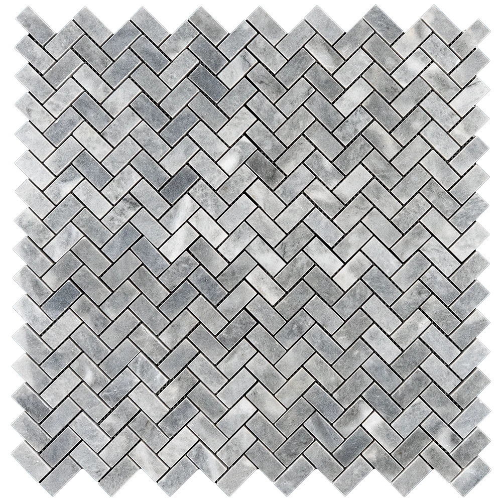 Top view of Bardiglio Herringbone Polished Marble Mosaic Tile in gray tones, ideal for backsplashes and walls.