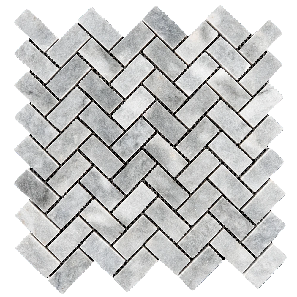 Detailed view of Bardiglio marble herringbone polished mosaic tile sheet with a uniform gray color palette.