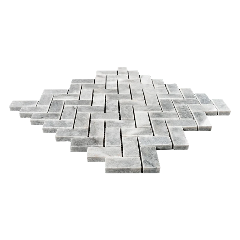 Angled side view of Bardiglio Herringbone Polished Marble Mosaic Tile showing thickness and detailed edges.