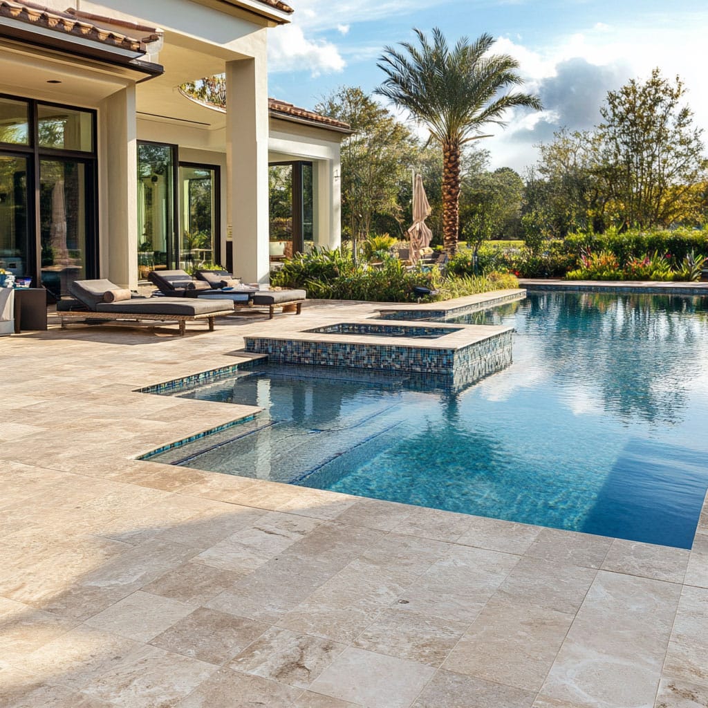 Travertine pavers surrounding a pool, showcasing slip-resistant and durable natural stone in a luxurious outdoor setting