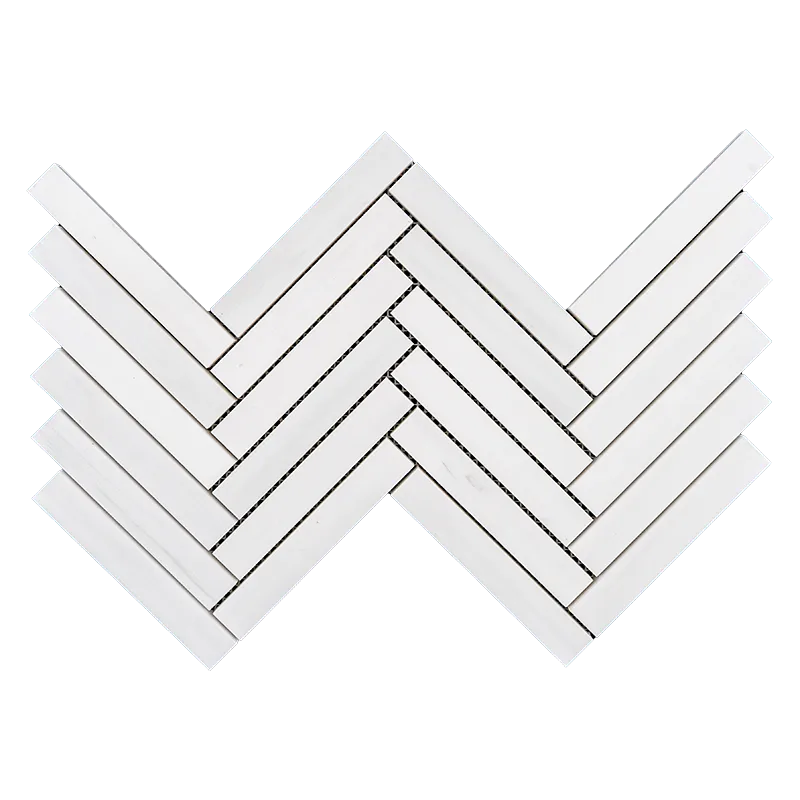 Dolomite herringbone mosaic tile featuring a V-shaped layout with clean, polished surfaces.