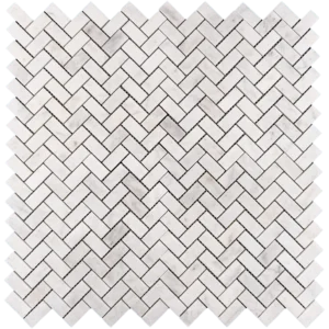 Milas Herringbone 1x2 Honed Mosaic Tile – Overhead view of honed white marble tiles arranged in a classic herringbone pattern, ideal for backsplashes and accent walls.