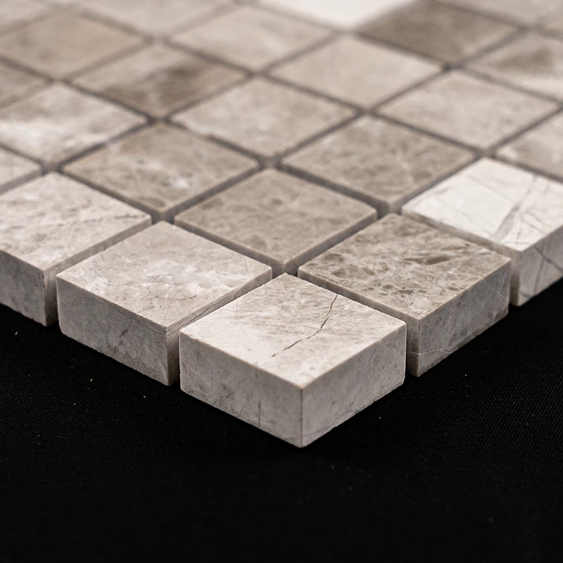 Silver Diamond 1x1 Mosaic Polished Tile – close-up view highlighting the small square tiles arranged in a neat grid, showcasing its elegant marble veining.