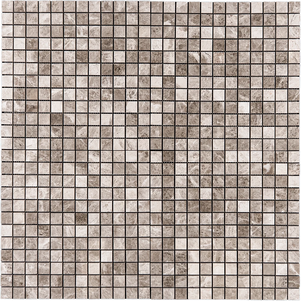 Silver Diamond 1x1 Mosaic Polished Tile – angled view showing the glossy, light gray marble with natural stone texture for wall and floor installations.