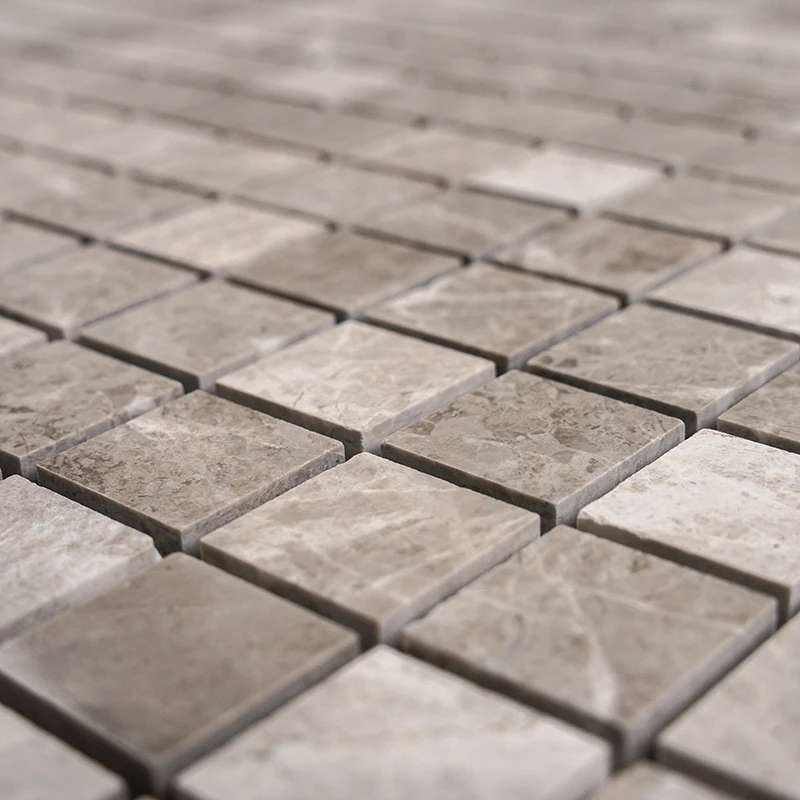 Silver Diamond 1x1 Mosaic Polished Tile – side angle view focusing on the smooth, polished surface and the luxurious stone veining, perfect for upscale spaces.