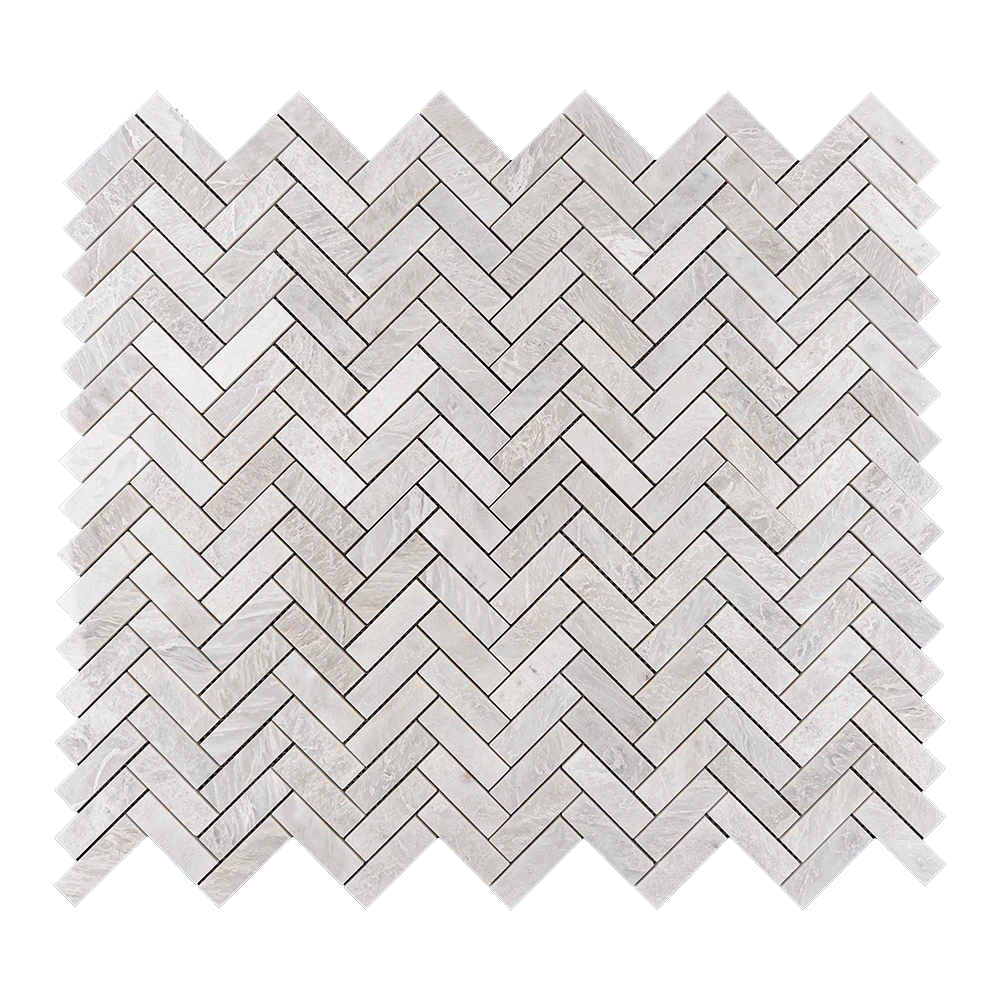 Iceberg Herringbone 1x3 marble mosaic tiles with polished finish, featuring a seamless interlocking design and bright white tones perfect for backsplashes and walls.