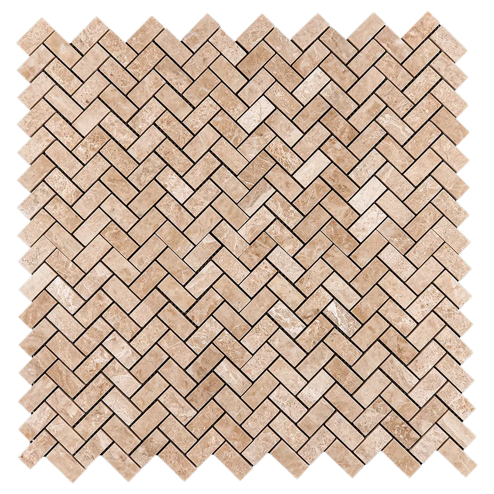 Royal Beige Herringbone Polished Marble Mosaic laid out with elegant beige hues and subtle shine.