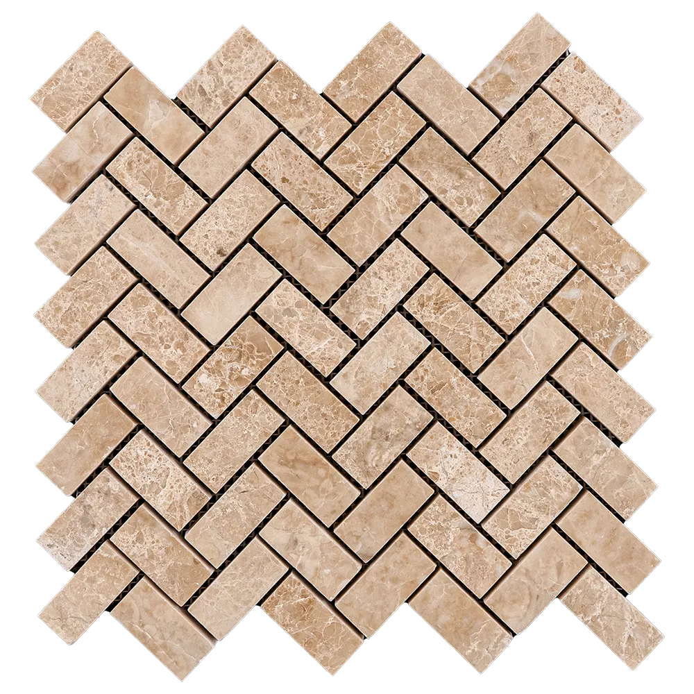 Detailed view of Royal Beige Herringbone Polished Marble Mosaic highlighting the smooth polished finish.