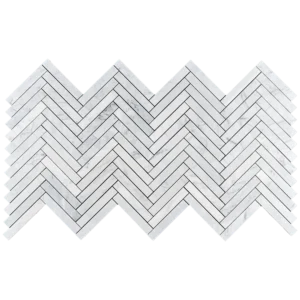 A sheet of 1x6 honed Carrara marble tiles arranged in a classic herringbone pattern. The tiles feature a soft white background with delicate gray veining, creating a timeless and elegant design ideal for kitchen backsplashes, bathroom walls, and accent areas.