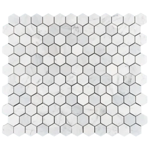 2-inch honed Carrara White marble honeycomb mosaic tile sheet with icy veining and hexagon pattern for backsplash and bathroom wall use.