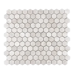 Top view of 2-inch honed Iceberg marble honeycomb mosaic tile sheet with white and icy veining hexagon pieces for wall applications.