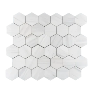 Top view of 4-inch honed Dolomite honeycomb mosaic tile sheet with white marble hexagon pattern for wall installation.