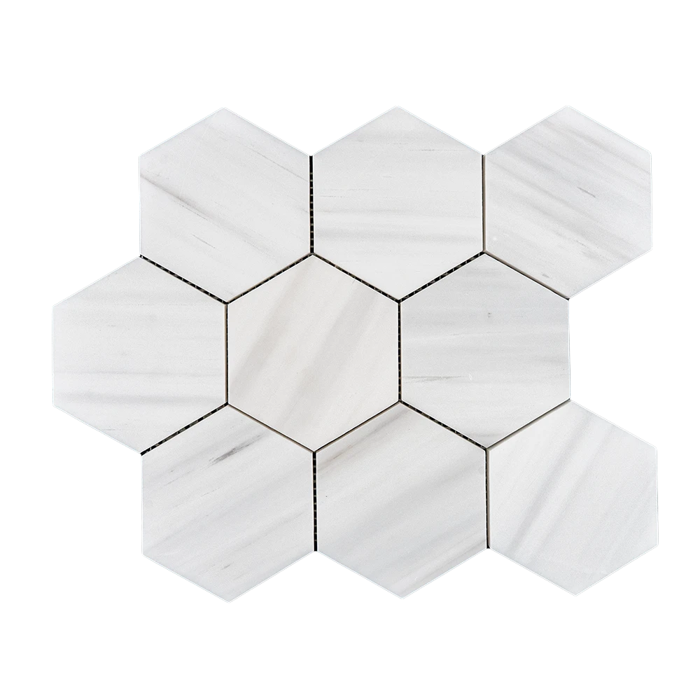 Top view of 4-inch honed Dolomite marble honeycomb mosaic tile section with white hexagon pieces and matte finish.