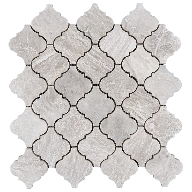 Front view of Iceberg Arabesque Polished marble mosaic tile in white tones