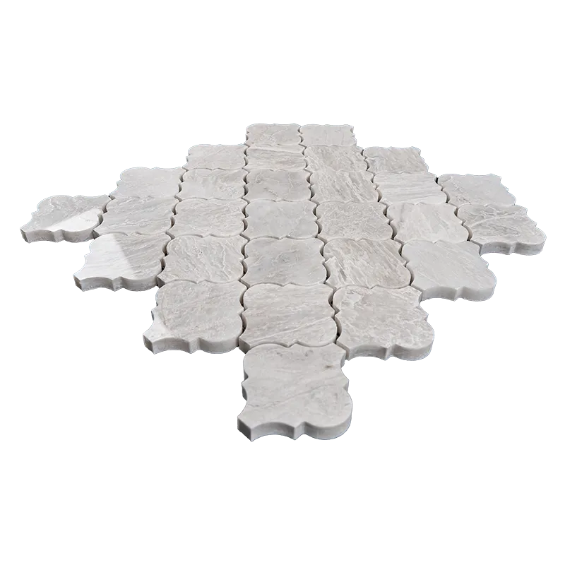 Side view of Iceberg Arabesque Polished marble mosaic tile showing white stone texture