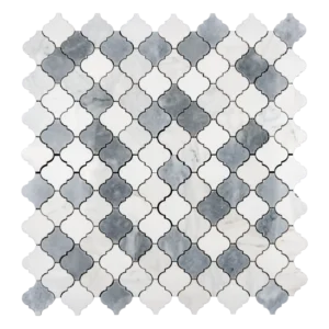 Arabesque polished marble mosaic tile in Dolomite, Bardiglio and Imperial White