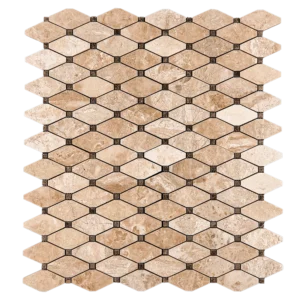 Clipped diamond mosaic tile made of polished Royal Beige and Emperador marble with dark dot accents