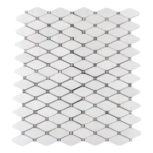 Top view of clipped diamond polished marble mosaic tile featuring Dolomite and gray stone blend