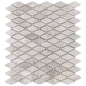 Top view of Clipped Diamond polished marble mosaic tile in white tones with natural veining