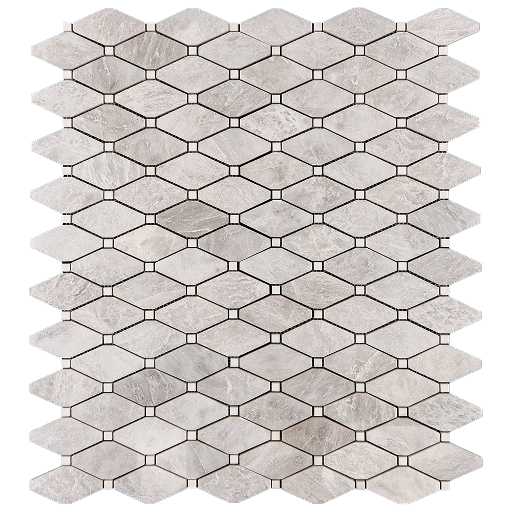 Top view of Clipped Diamond polished marble mosaic tile in white tones with natural veining