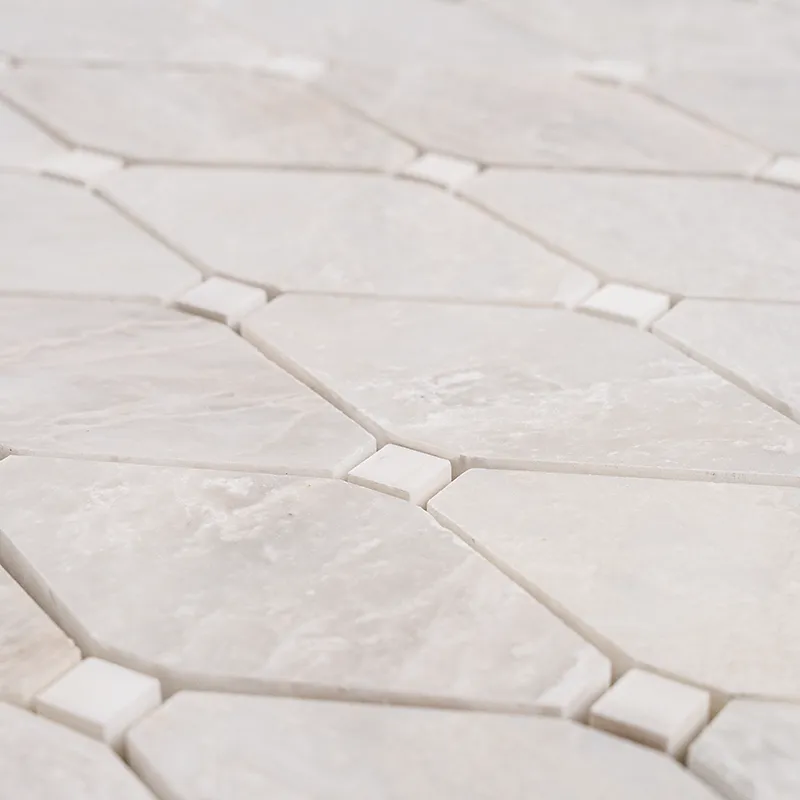 Close-up of Clipped Diamond white marble mosaic tile with polished finish and subtle veining