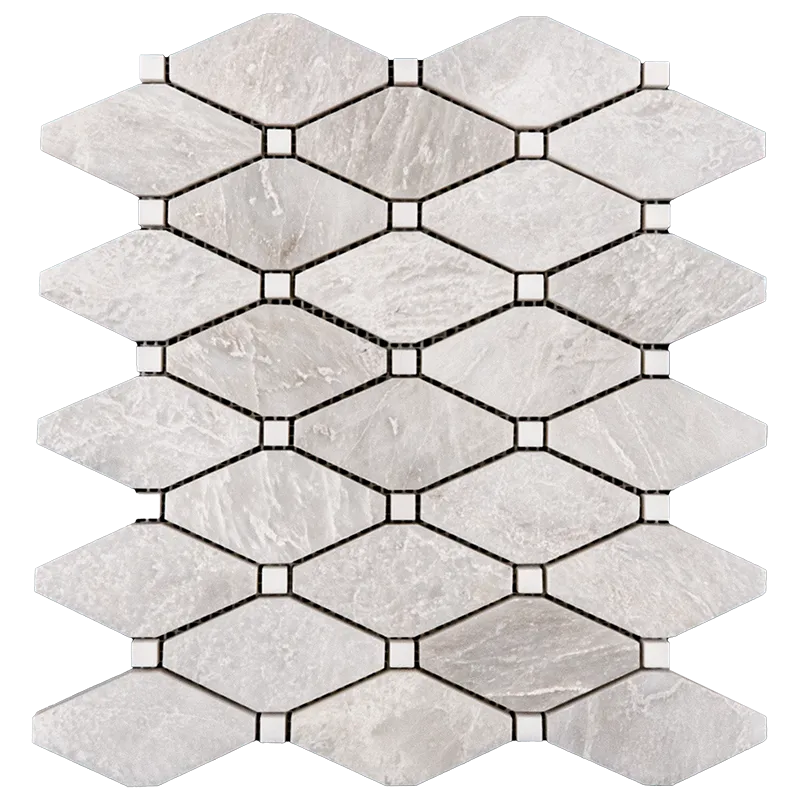 Front view of clipped diamond white marble mosaic tile with polished finish and white accent dots