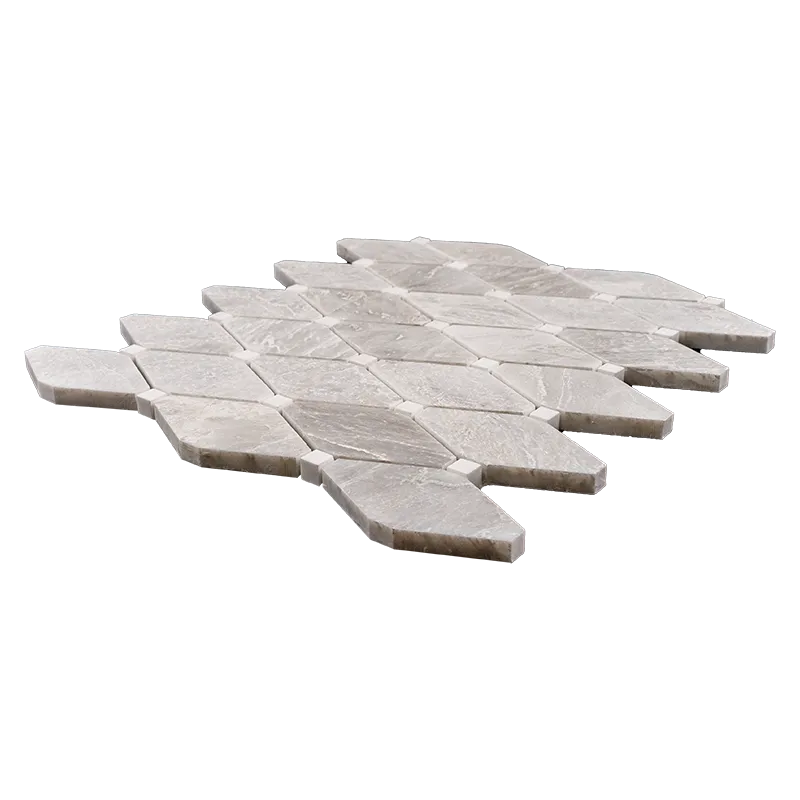 Side view of Clipped Diamond polished marble mosaic tile in white tones showing thickness and stone texture