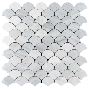 Fish scale mosaic tile made of polished Iceberg marble with light gray veining in a soft white, shown from top view