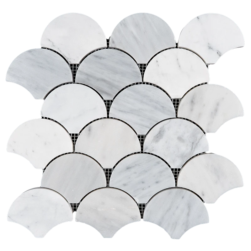 Top view of Carrara marble fish scale mosaic sheet featuring a polished finish and elegant light gray veining across white marble tiles