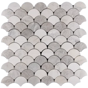 Fish scale mosaic tile sheet made of polished Dolomite, Iceberg, and Imperial White marble in a fan-shaped pattern with soft white and icy gray tones