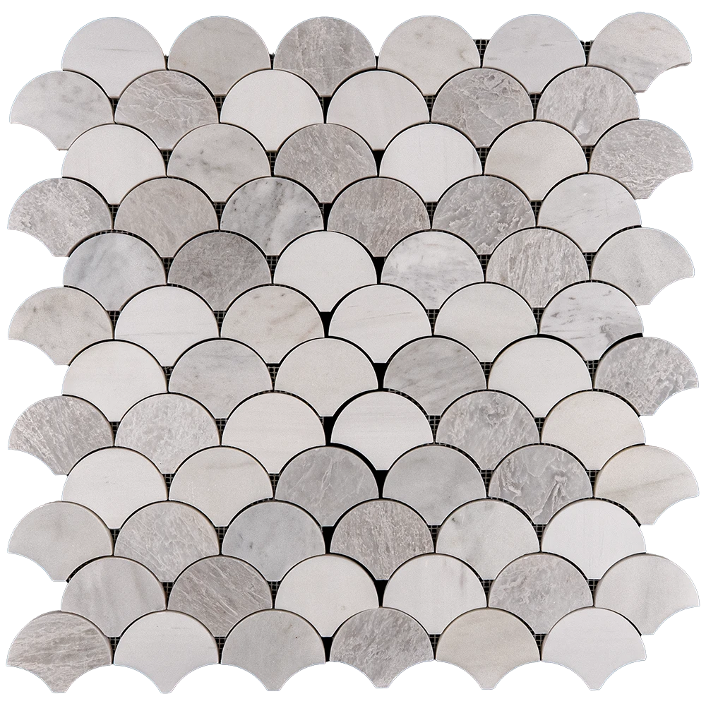 Fish scale mosaic tile sheet made of polished Dolomite, Iceberg, and Imperial White marble in a fan-shaped pattern with soft white and icy gray tones