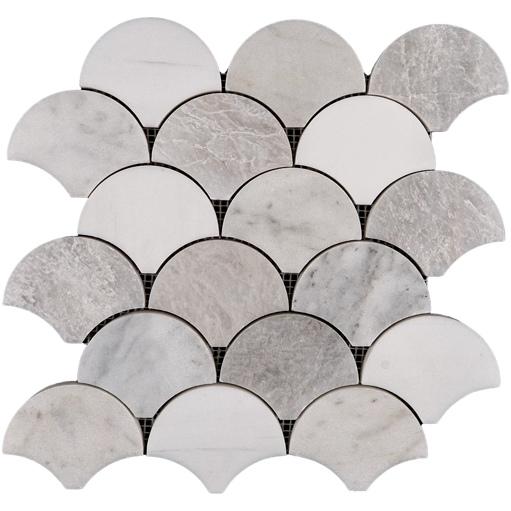 Close-up of polished fish scale mosaic tile made from Dolomite, Iceberg, and Imperial White marble in fan-shaped segments, featuring soft white and icy gray veining