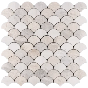 Fish scale mosaic tile sheet featuring a polished blend of Dolomite, Iceberg with icy veining, and Vanilla marble pieces, arranged in a scalloped pattern ideal for decorative wall applications