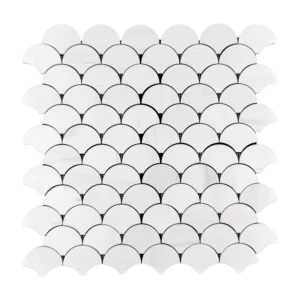Fish scale mosaic tile sheet made from white Dolomite marble with a polished finish, featuring a curved scallop pattern ideal for walls, showers, and backsplashes