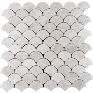 Fish scale mosaic tile made of polished Iceberg marble in soft white tones with subtle icy veining, arranged in an overlapping fan pattern