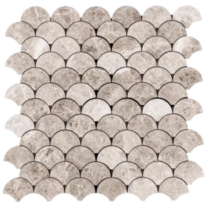 Polished fish scale mosaic tile made from Silver Diamond marble in warm tones, featuring a curved fan shape and glossy surface