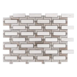 Rectangular interlocking mosaic sheet featuring polished Dolomite inserts framed by linear Palissandro marble borders, arranged in a clean stacked layout with soft veining contrast.