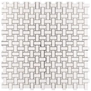White basketweave mosaic tile with honed Dolomite finish in a geometric grid layout.