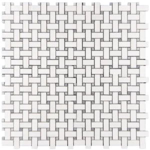 Dolomite basketweave mosaic tile with honed white and gray accents, arranged in a grid pattern.