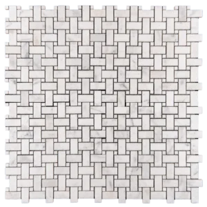 Milas honed white marble basketweave mosaic tile sheet, featuring subtle gray veining and a refined geometric design.