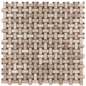 Royal Beige polished marble basketweave mosaic tile sheet featuring interlocking rectangular pieces.