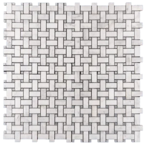 Perspective shot of gray honed basketweave mosaic tile emphasizing its intricate design and texture.