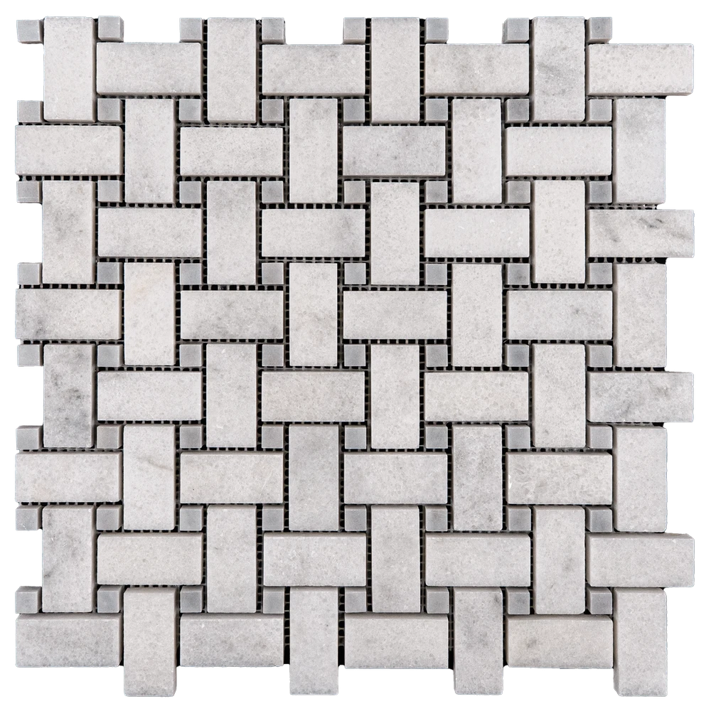 Gray honed marble basketweave mosaic tile in an interlocking grid pattern.