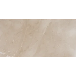 Flat view of Botticino beige polished marble tile in 12x24 size showing creamy base and linear veining