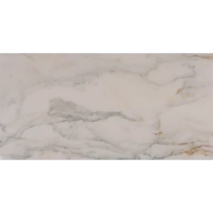 Front-facing Calacatta 12x24 polished and beveled marble tile featuring flowing beige, grey and gold veining on a soft white background.