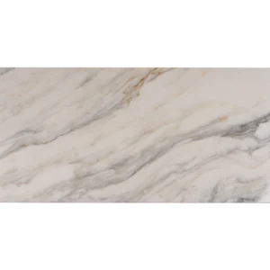 Rectangular Calacatta marble tile with honed finish and soft gray veining on a white background – top view