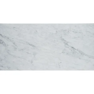 Full frontal view of a Carrara marble slab with consistent polished surface and natural flowing veining in gray tones.