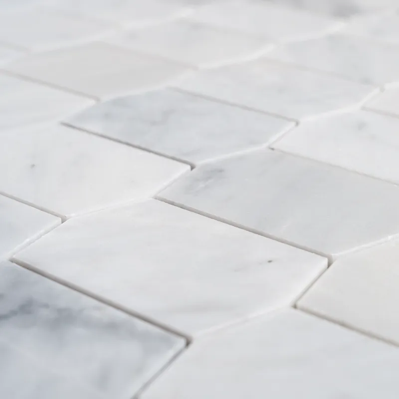 Angled view of Carrara White Picket Polished Marble Mosaic Tile