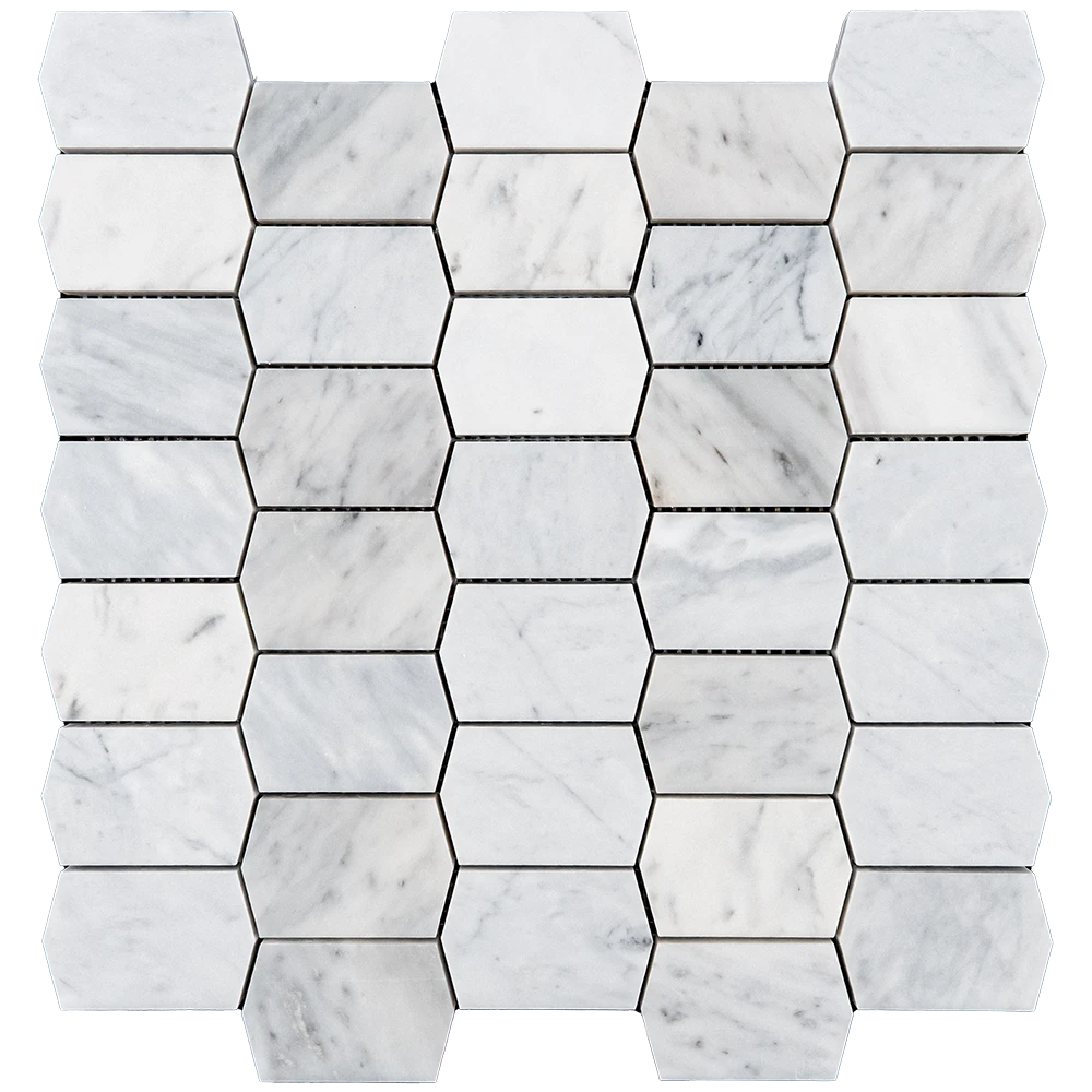 Detail view of Carrara White Picket Polished Marble Mosaic Tile with natural veining