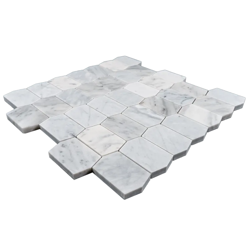 Close-up of Carrara White Picket Polished Marble Mosaic Tile texture and pattern